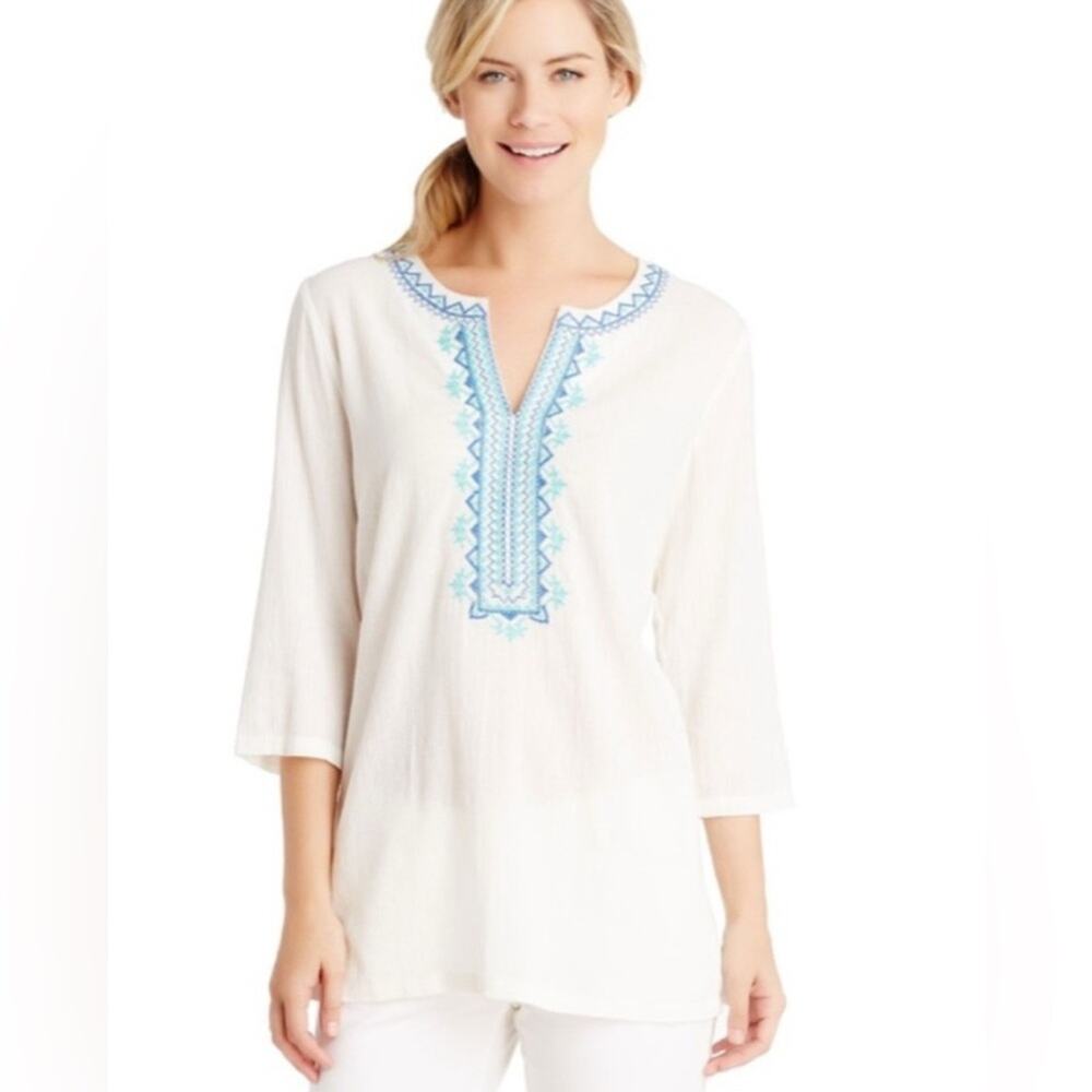 J. McLaughlin Fremont Tunic Top Women Small Pink Excellent Embroidered Preppy